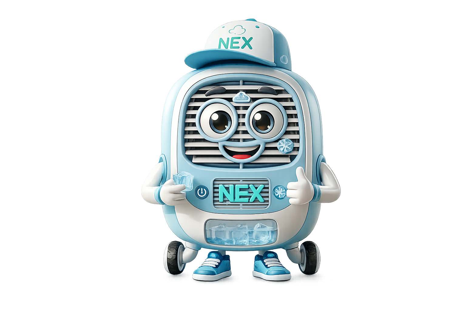 Mascote Nexclima, climatizador sorridente segurando um copo d'água